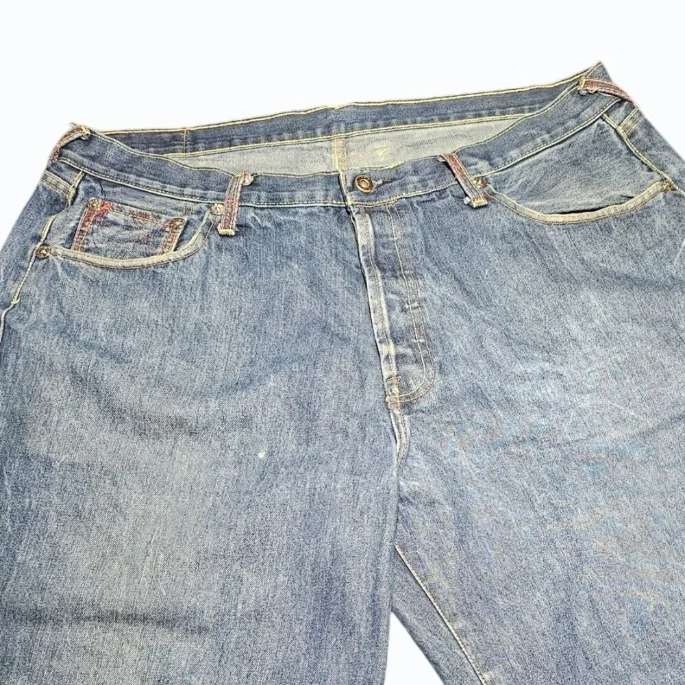 RMC Red Monkey Mens Jean Shorts 38 Denim Button Fly Embroidered Pocket & Hem Y2K